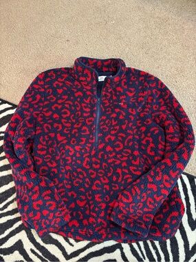 Vineyard Vines “Falling For Leopard” Supershep Sherpa 1/4 Zip Jacket XL Red Navy